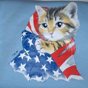 Medium Light Blue Crew Neck Sweat shirt " Patriotic  Kitten"